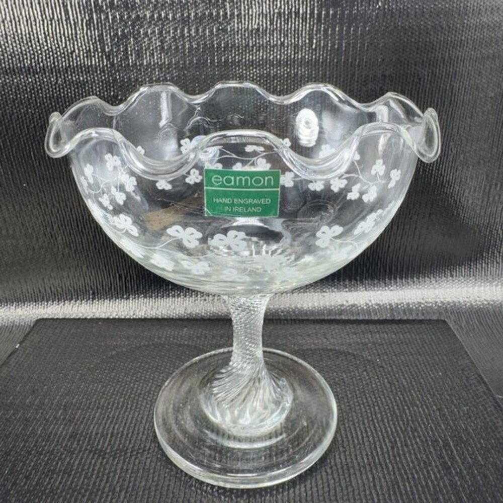 Eamon Glass Engraved Clover Ireland Swirl‎ Footed Compote Dish Bowl Clear Glass